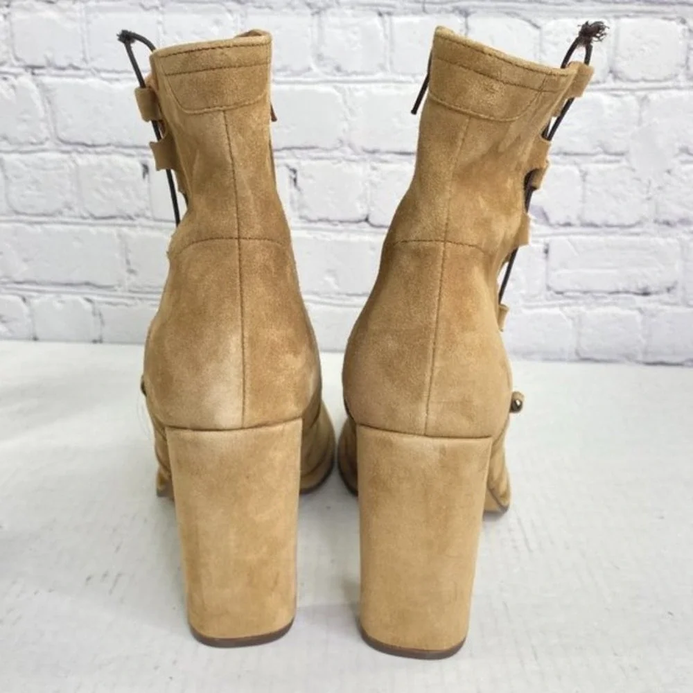 Free People Cecile Ankle Boots Suede Lace Up Side Block Heel Tan Camel Size 41